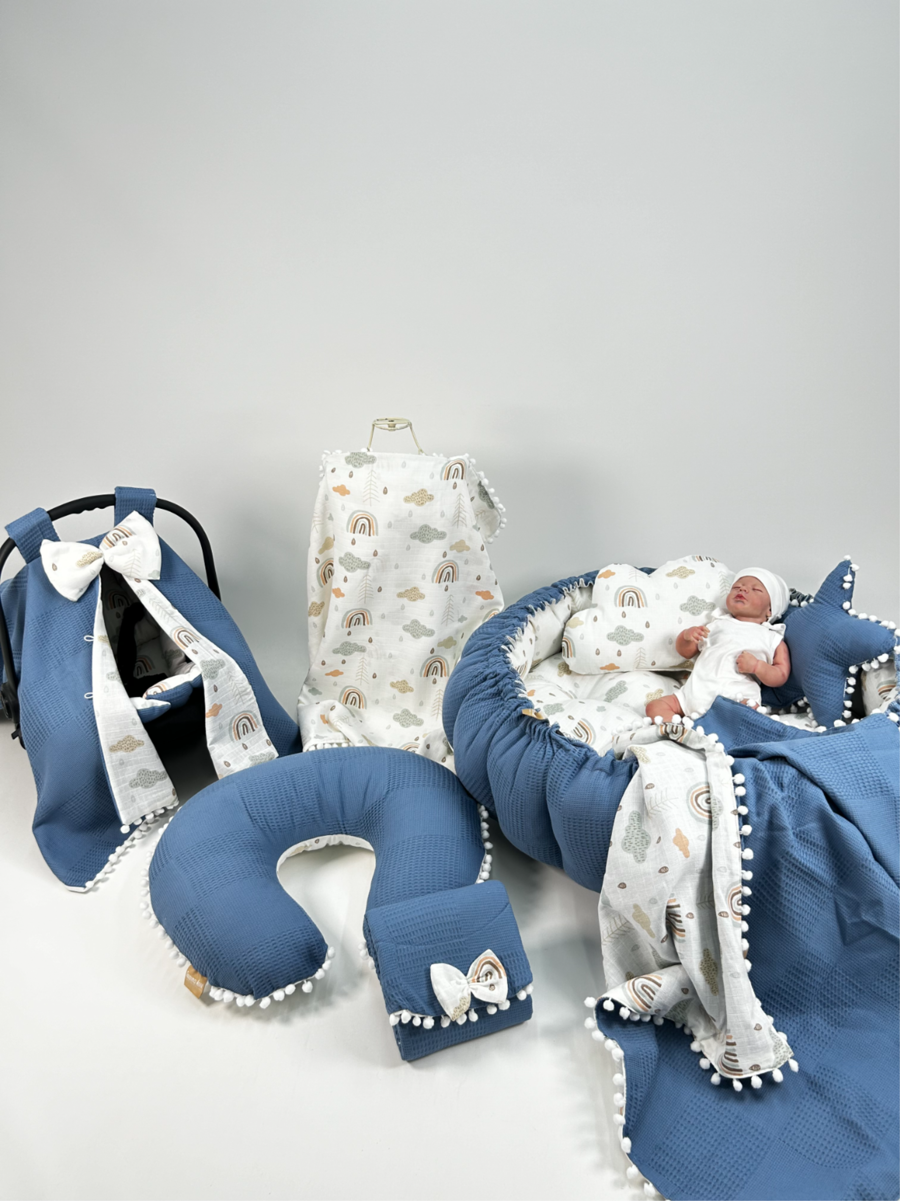 Yuvarlak babynestli 9'lu set indigo mavi waffle pike - gökkuşaklı müslin