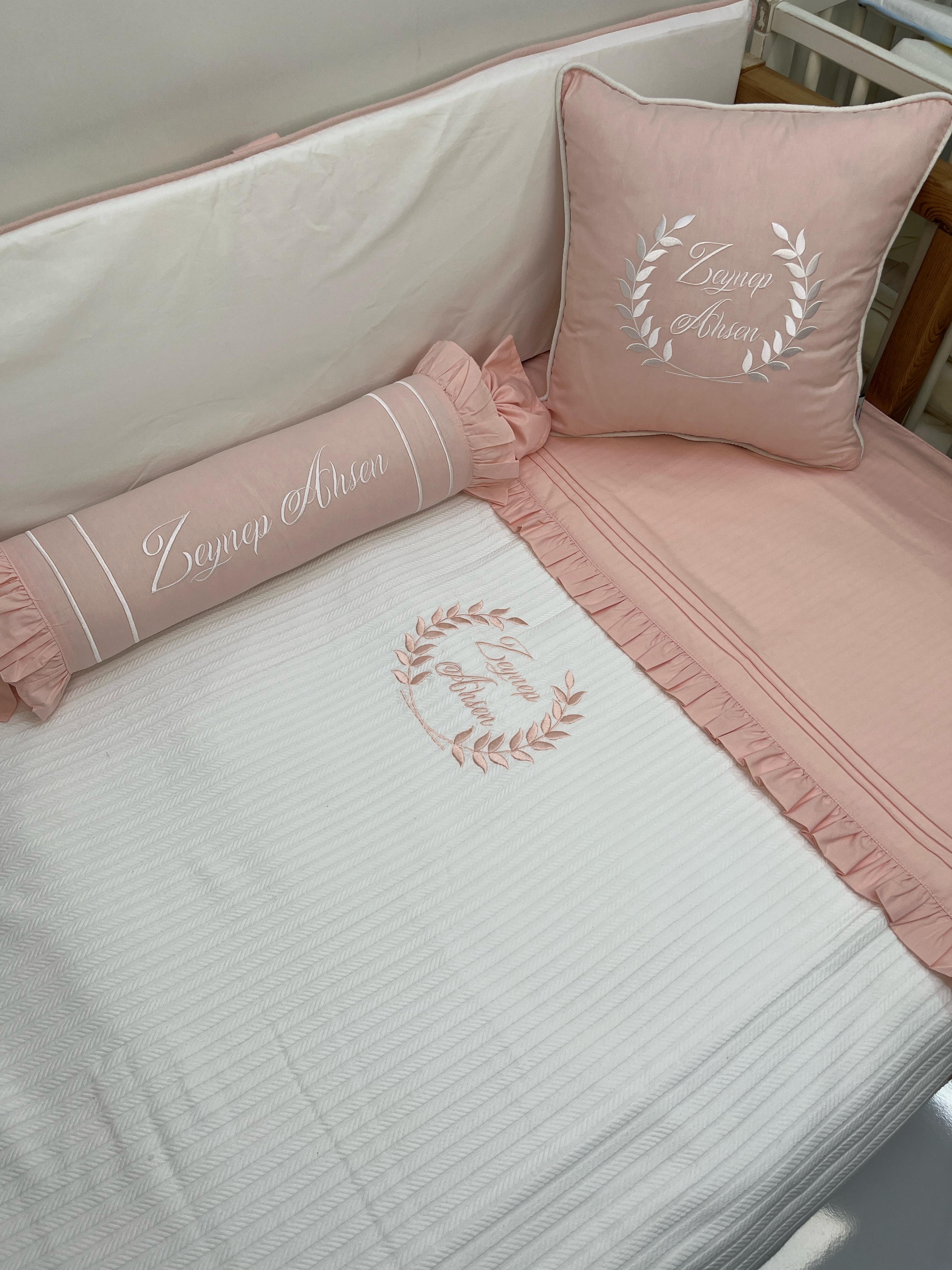 Pike takımı 5 parça beyaz örgü pike - somon poplin 1