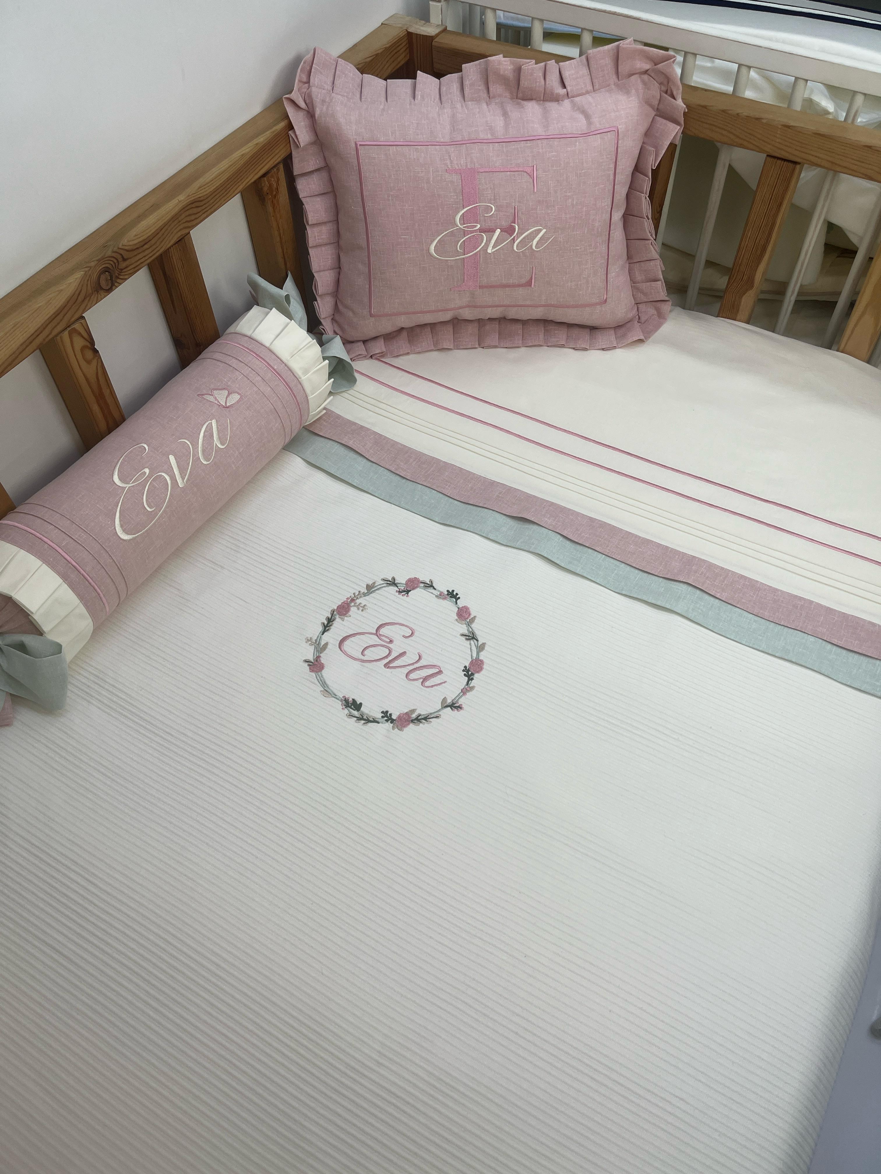 Pike takımı 5 parça krem fitilli pike - yeşil ve pudra pembe isviçre keten 1