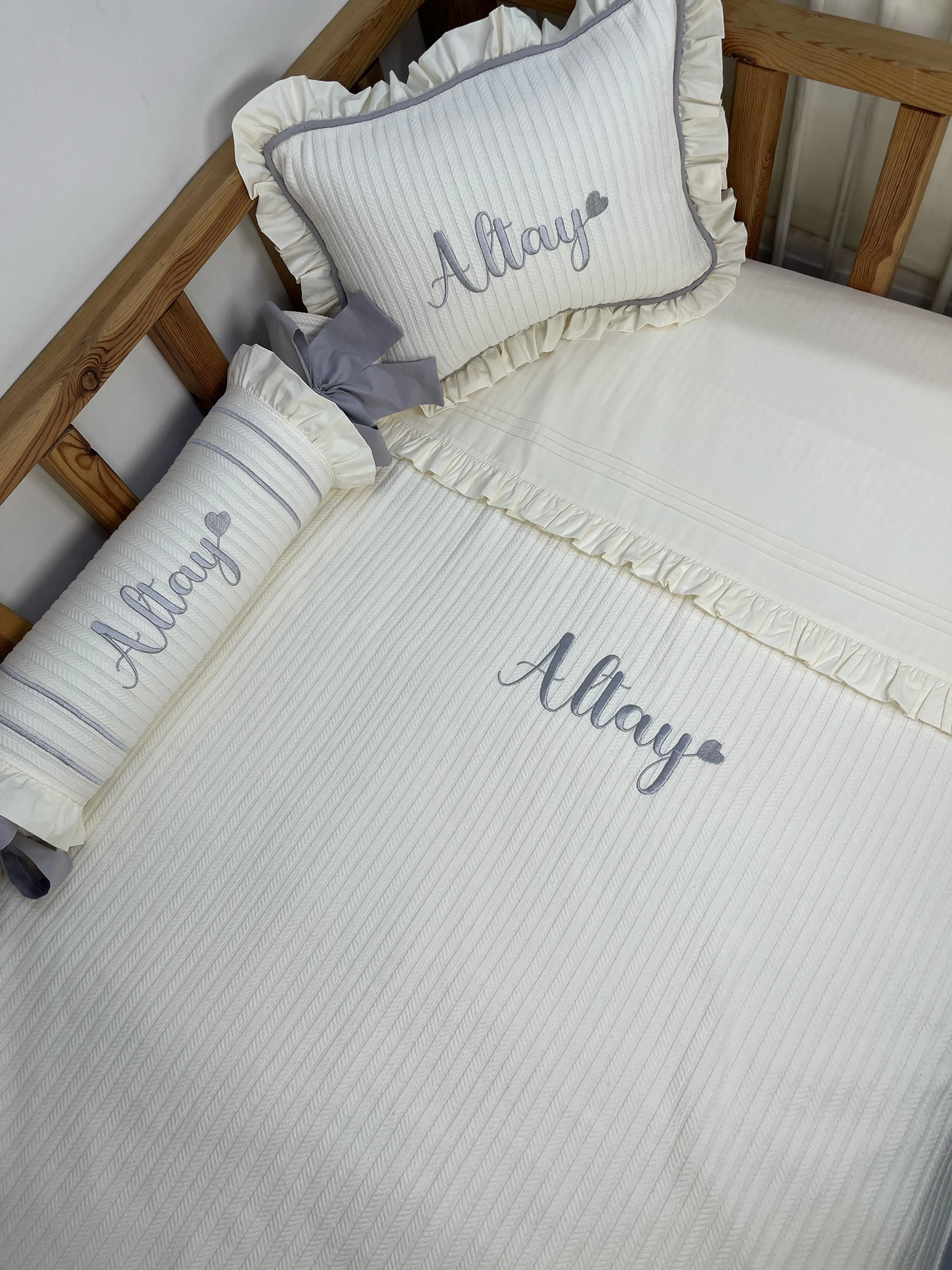 Pike takımı 5 parça krem örgü pike - krem poplin 10