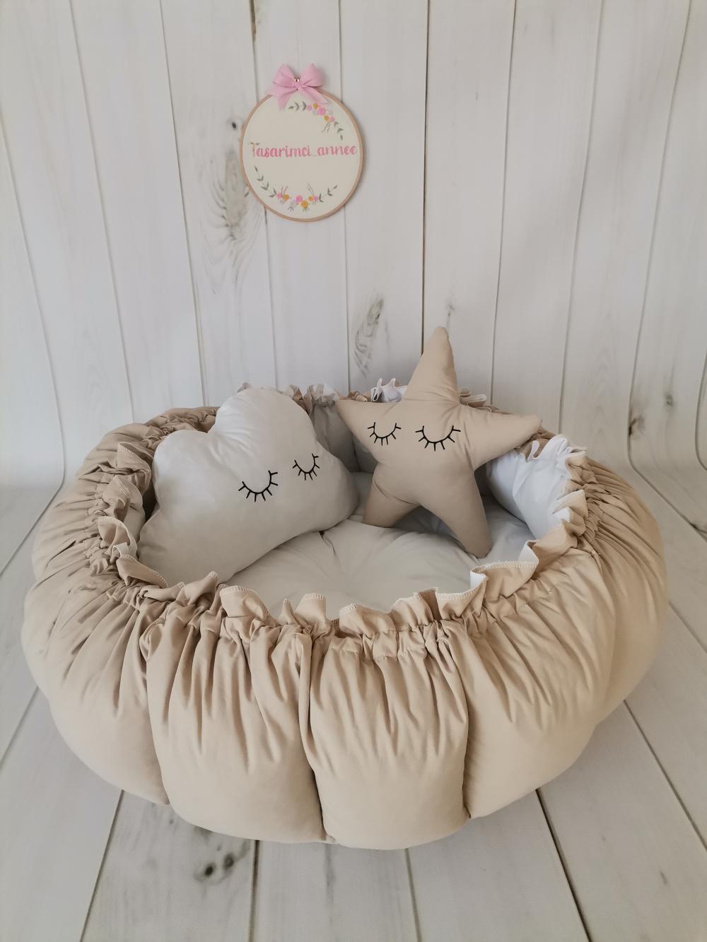 Yuvarlak babynest bej poplin - beyaz poplin