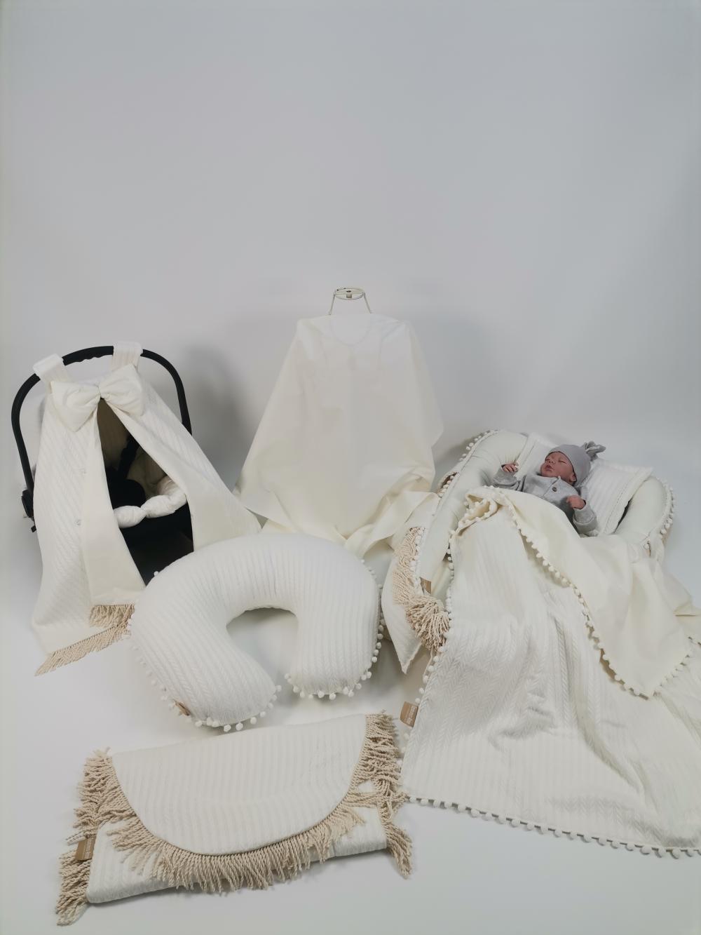 Babynest 8'li püsküllü set krem örgü pike - krem poplin