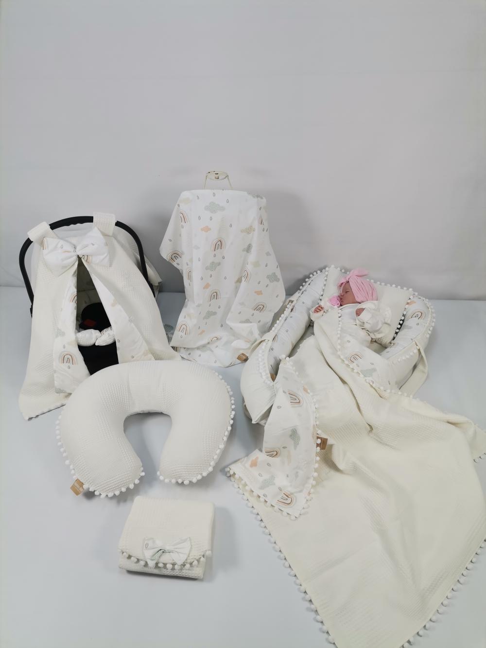 Babynest 8'li set krem waffle pike - gökkuşaklı poplin
