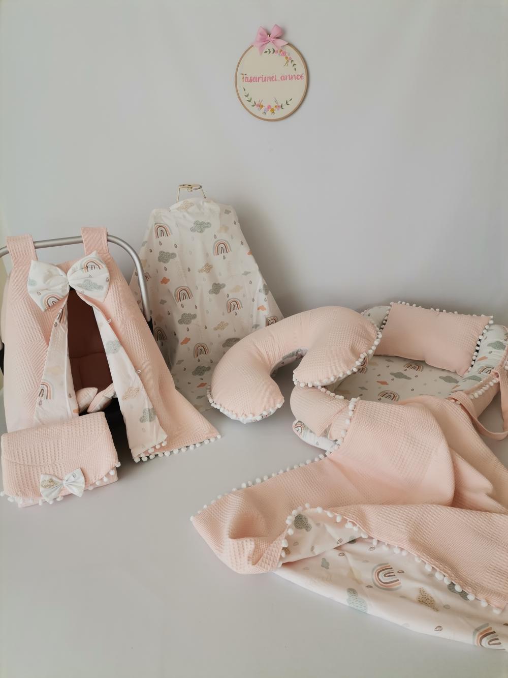 Babynest 8'li set somon waffle pike - gökkuşaklı poplin