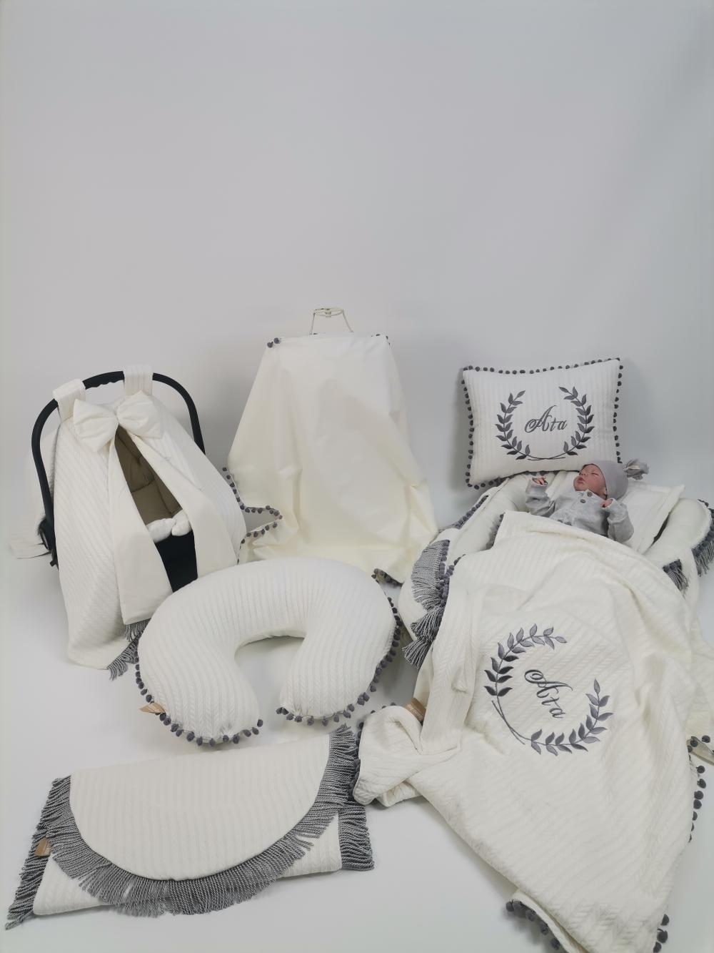 Babynest 8'li gri püsküllü set krem örgü pike - krem poplin