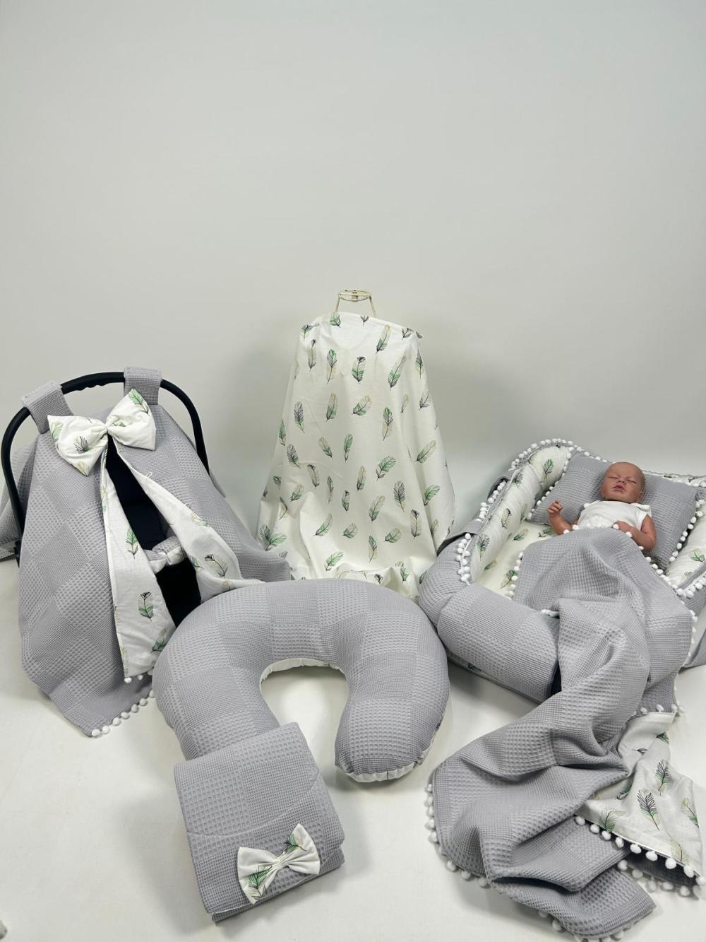 Babynest 8'li set gri waffle pike - yeşil tüylü poplin