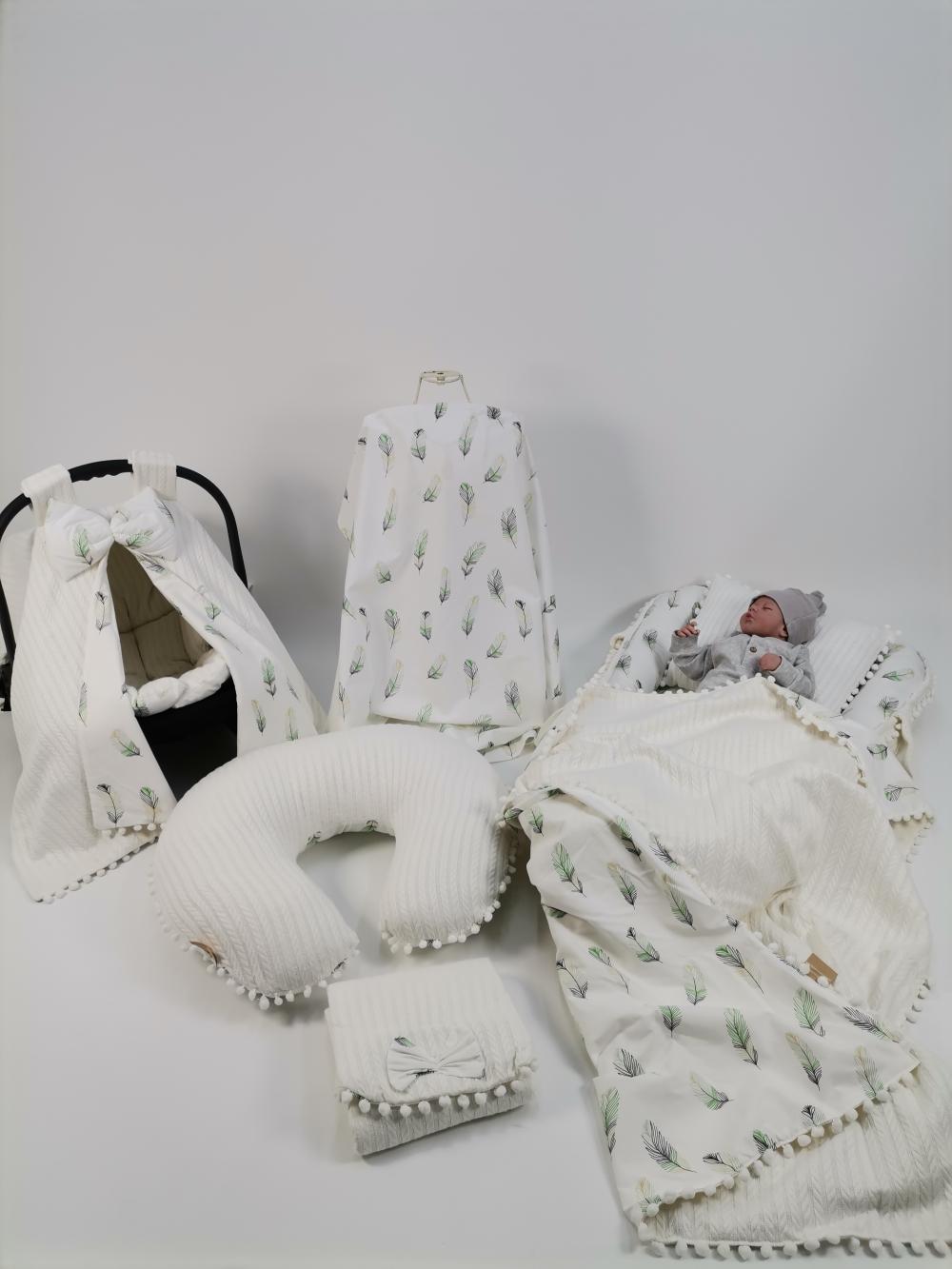 Babynest 8'li set krem örgü pike - yeşil tüylü poplin