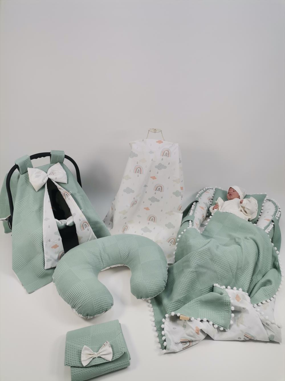 Babynest 8'li set yeşil waffle pike - gökkuşaklı poplin