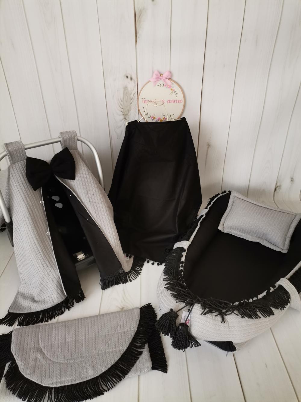 Babynest 8'li püsküllü set gri örgü pike - siyah poplin