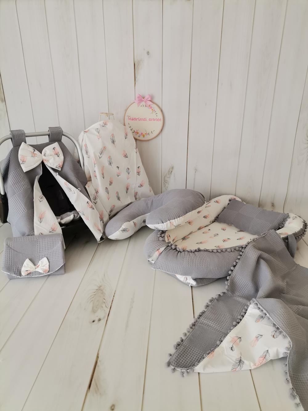 Babynest 8'li set koyu gri waffle pike - pembe tüylü poplin 