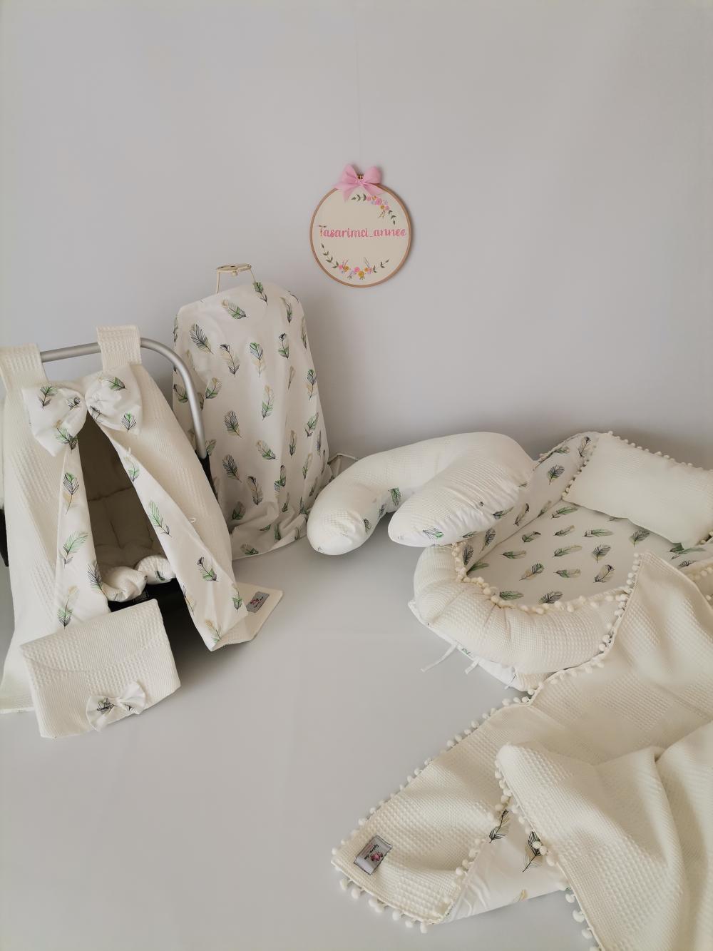 Babynest 8'li set krem waffle pike - yeşil tüylü poplin