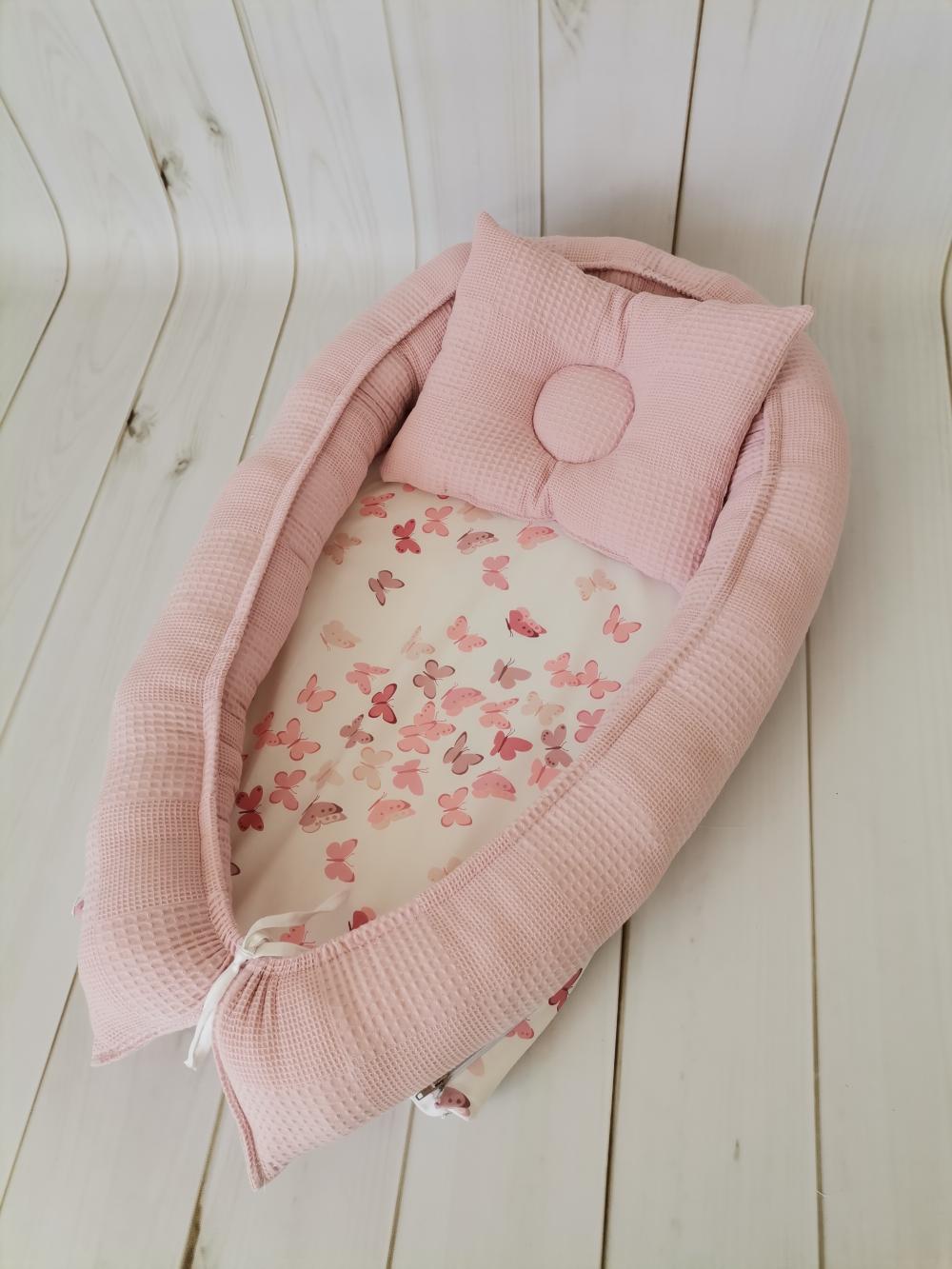 ÇOK AMAÇLI BABYNEST PEMBE KLASİK PİKE- PUDRA KELEBEKLİ POPLİN 