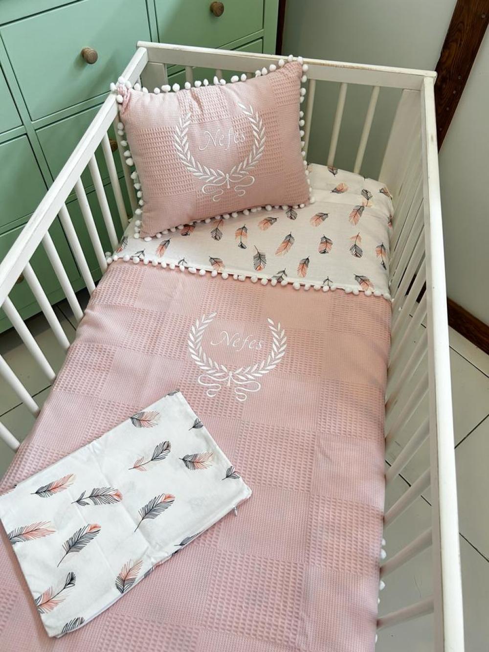Pike takımı 4 parça pudra pembe waffle pike - pembe tüylü poplin