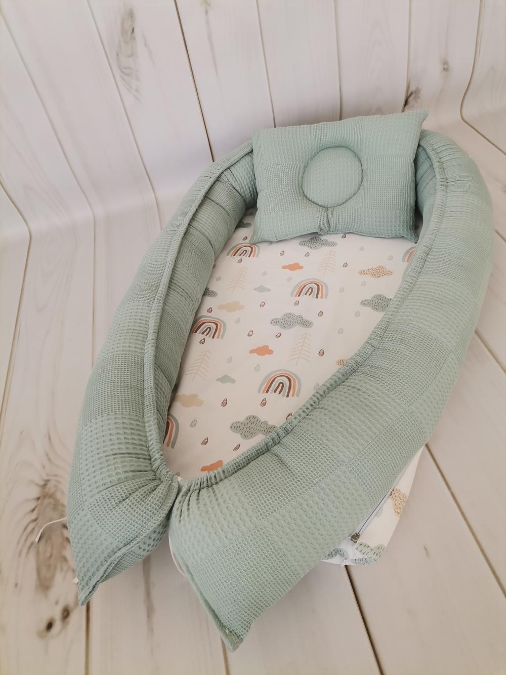 Çok amaçlı babynest yeşil waffle pike - gökkuşaklı müslin