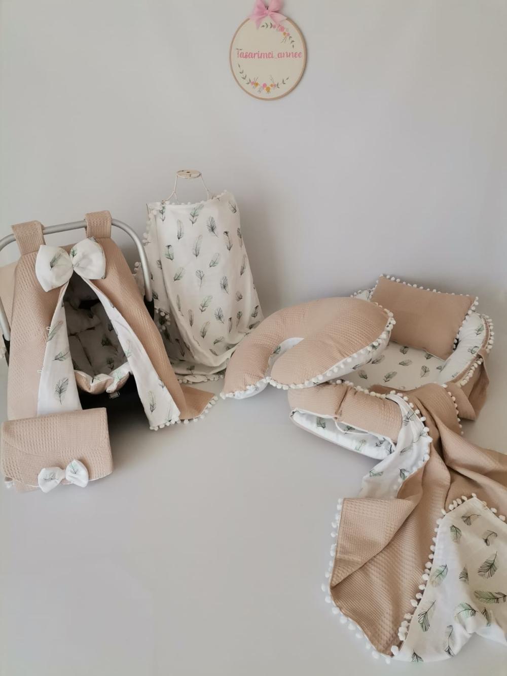 Babynest 8'li set bej waffle pike - yeşil tüylü müslin