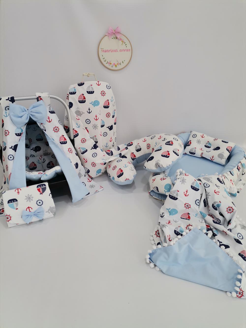 Babynest 8'li set denizci balinalı poplin - mavi poplin