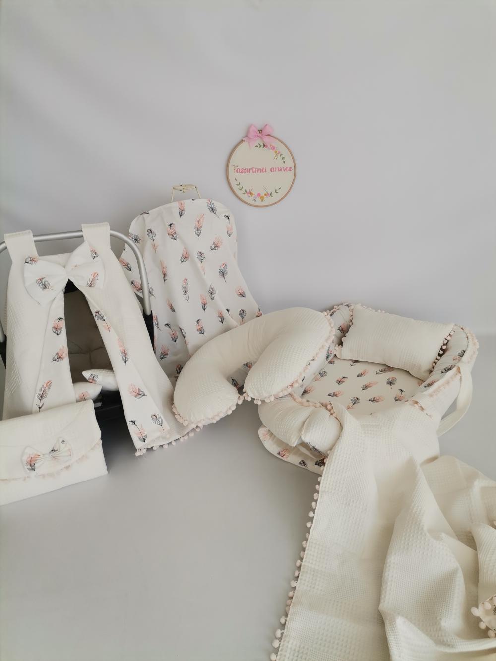 Babynest 8'li set krem waffle pike - pembe tüylü poplin