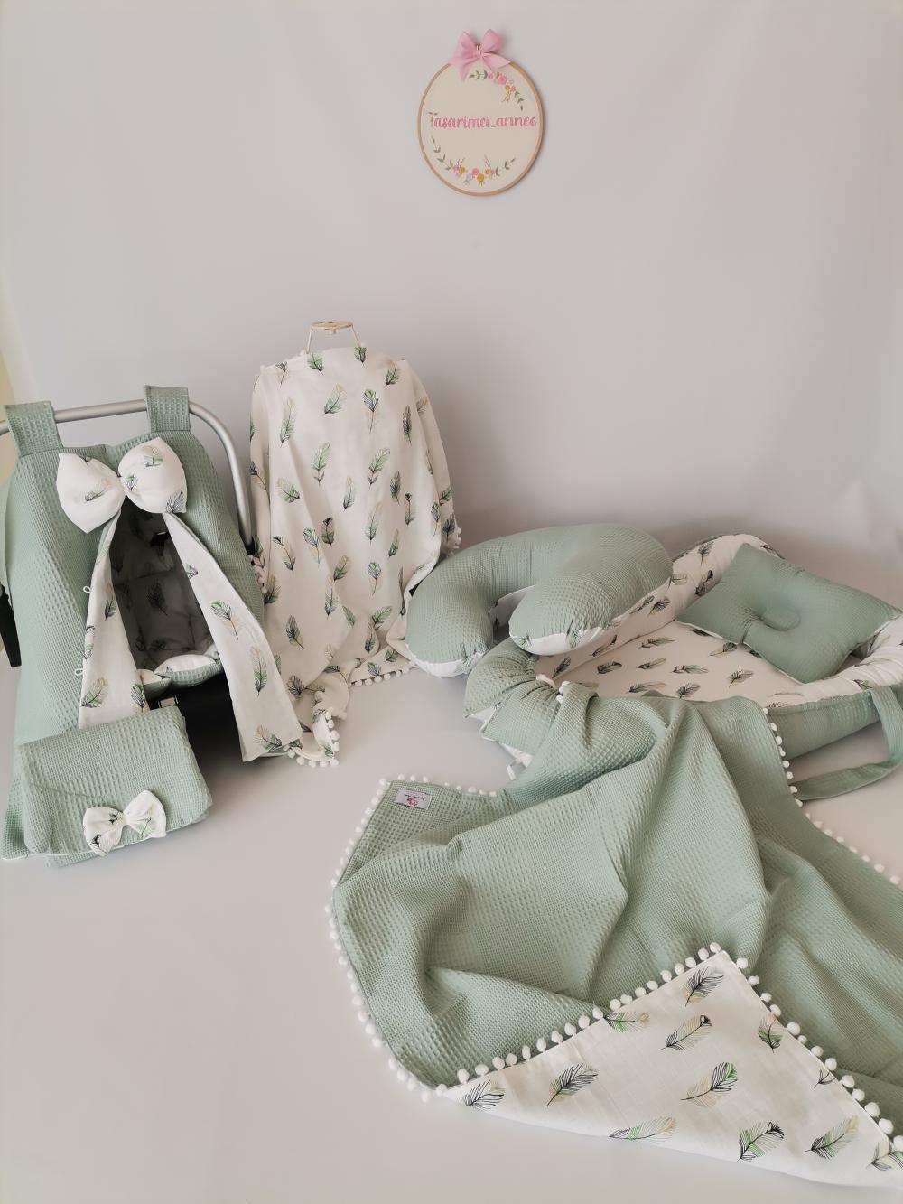 Babynest 8'li set yeşil waffle pike - yeşil tüylü müslin