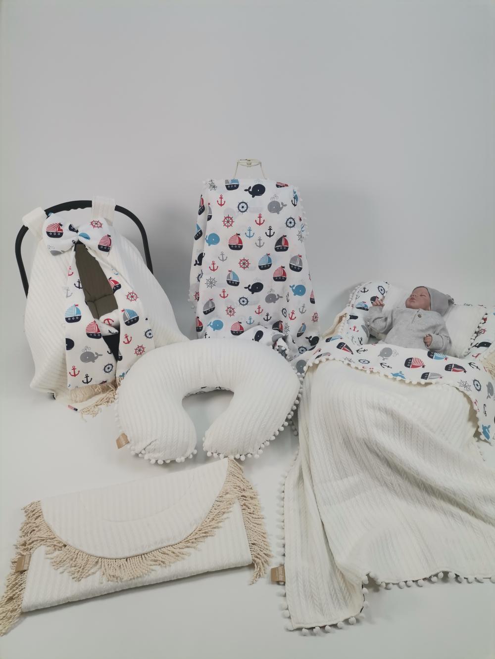 Babynest 8'li püsküllü set krem örgü pike - wella denizci balinalı müslin