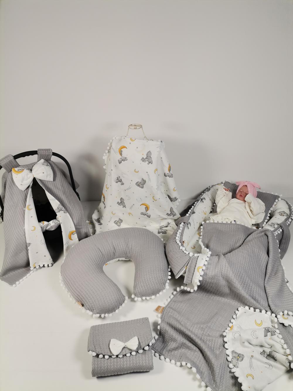 Babynest 8'li set gri örgü pike - wella tavşanlı aylı müslin