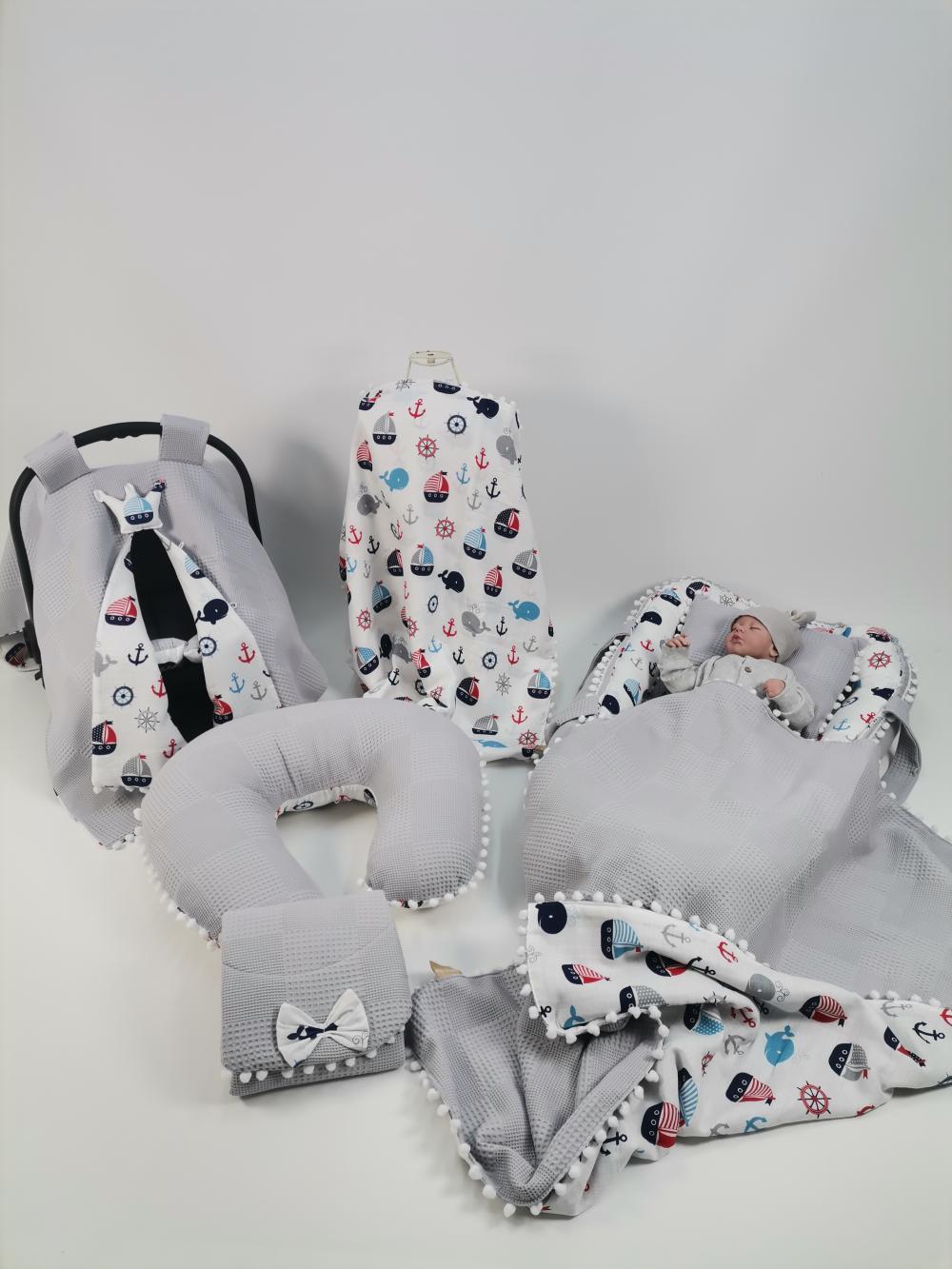 Babynest 8'li set gri waffle pike - wella denizci balinalı müslin