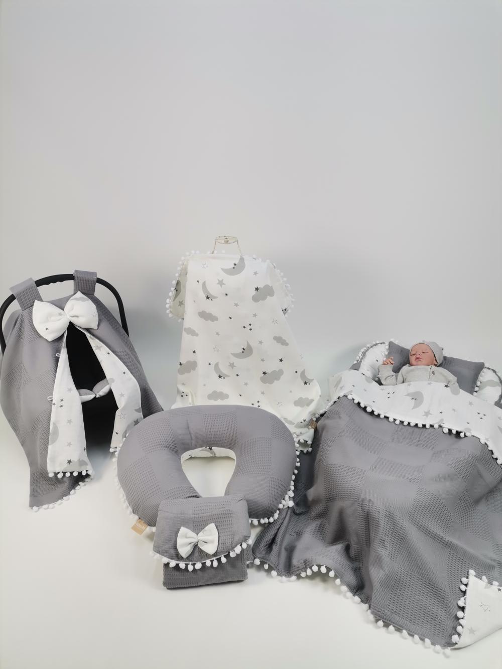 Babynest 8'li set koyu gri waffle pike - gri aylı bulutlu müslin