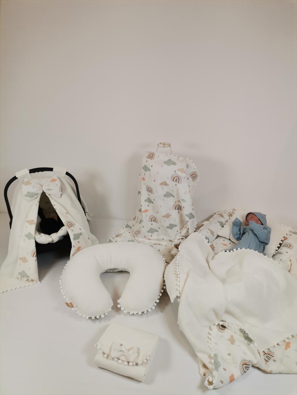 Babynest 8'li set krem waffle pike - gökkuşaklı müslin