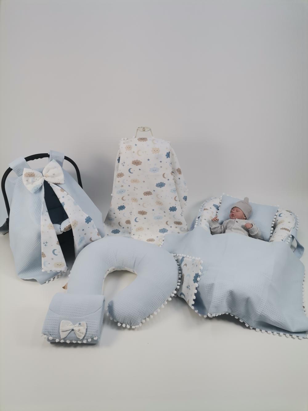 Babynest 8'li set mavi waffle pike - mavi aylı bulutlu müslin