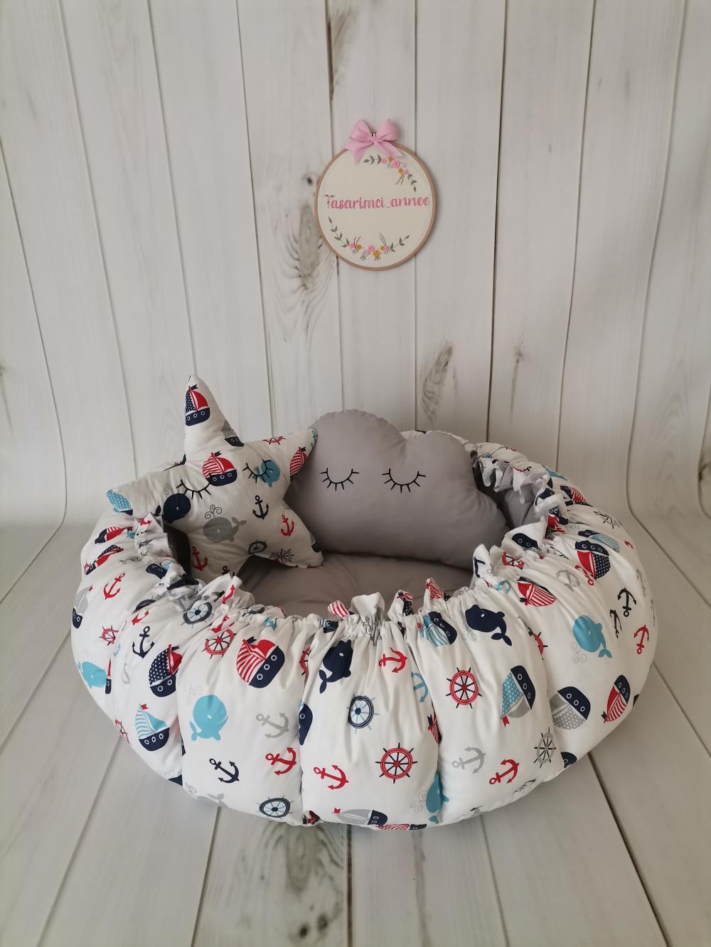 Yuvarlak babynest denizci balinalı poplin - koyu gri poplin