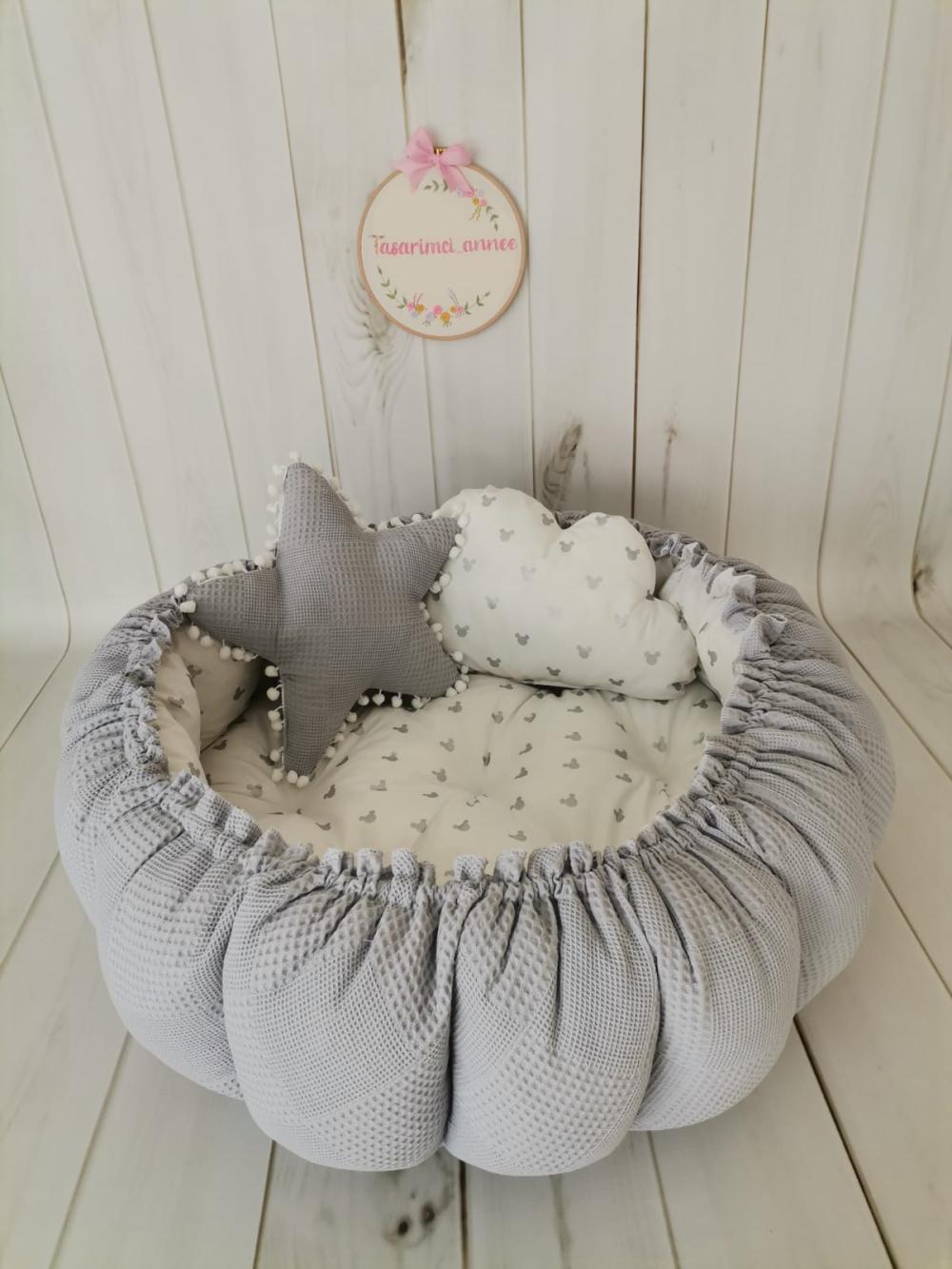 Yuvarlak babynest gri waffle pike - gümüş mickeyli poplin