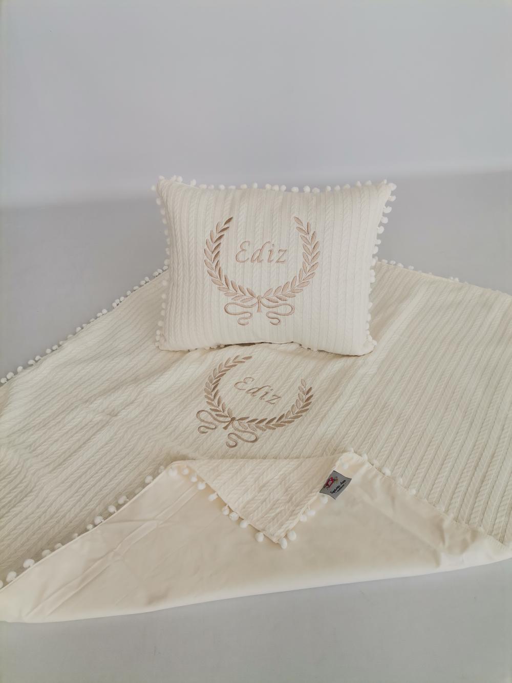 Battaniye ve yastık krem örgü pike - krem poplin 4