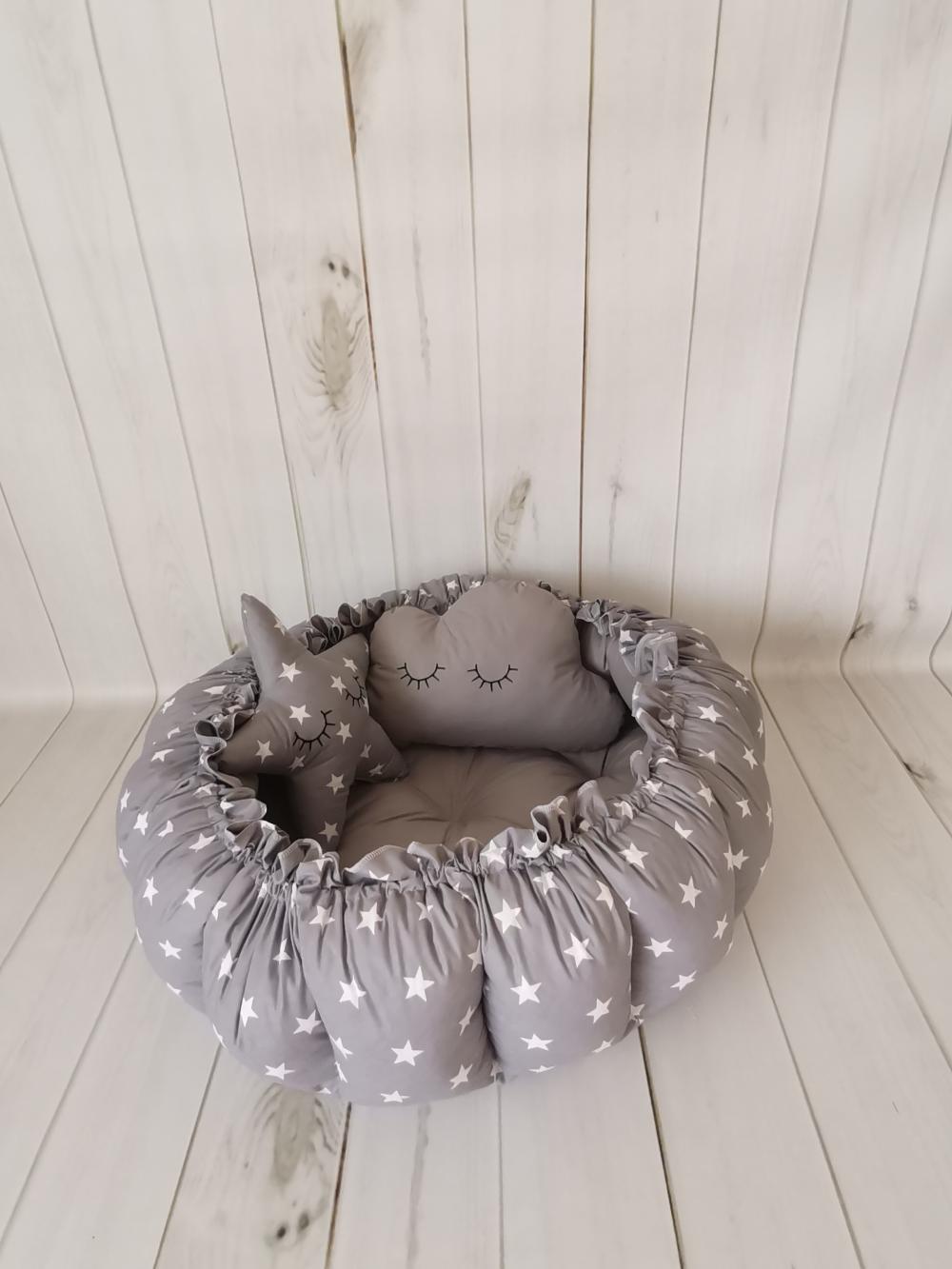 Yuvarlak babynest koyu gri yıldızlı poplin - koyu gri poplin