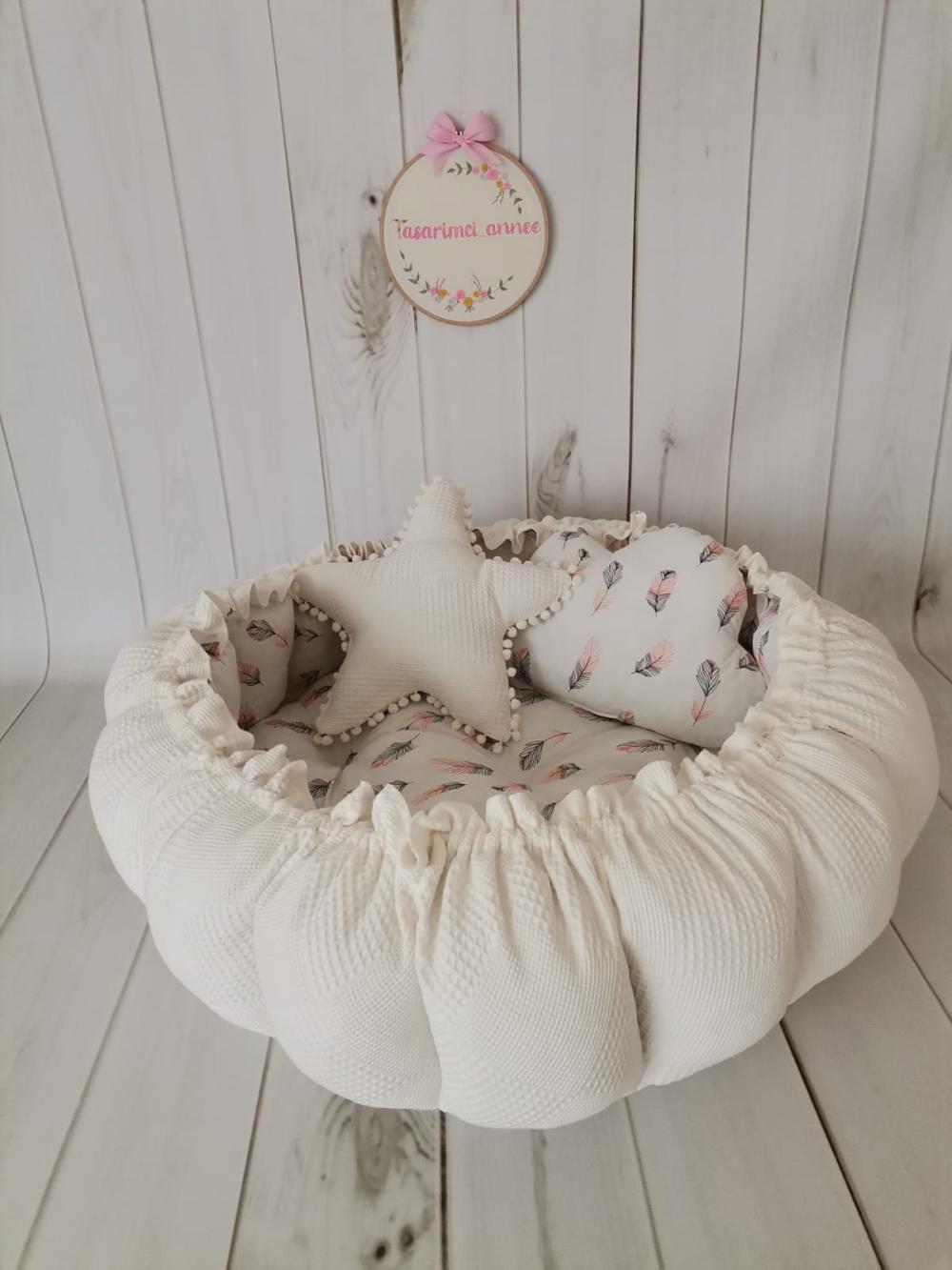 Yuvarlak babynest krem waffle pike - pembe tüylü poplin