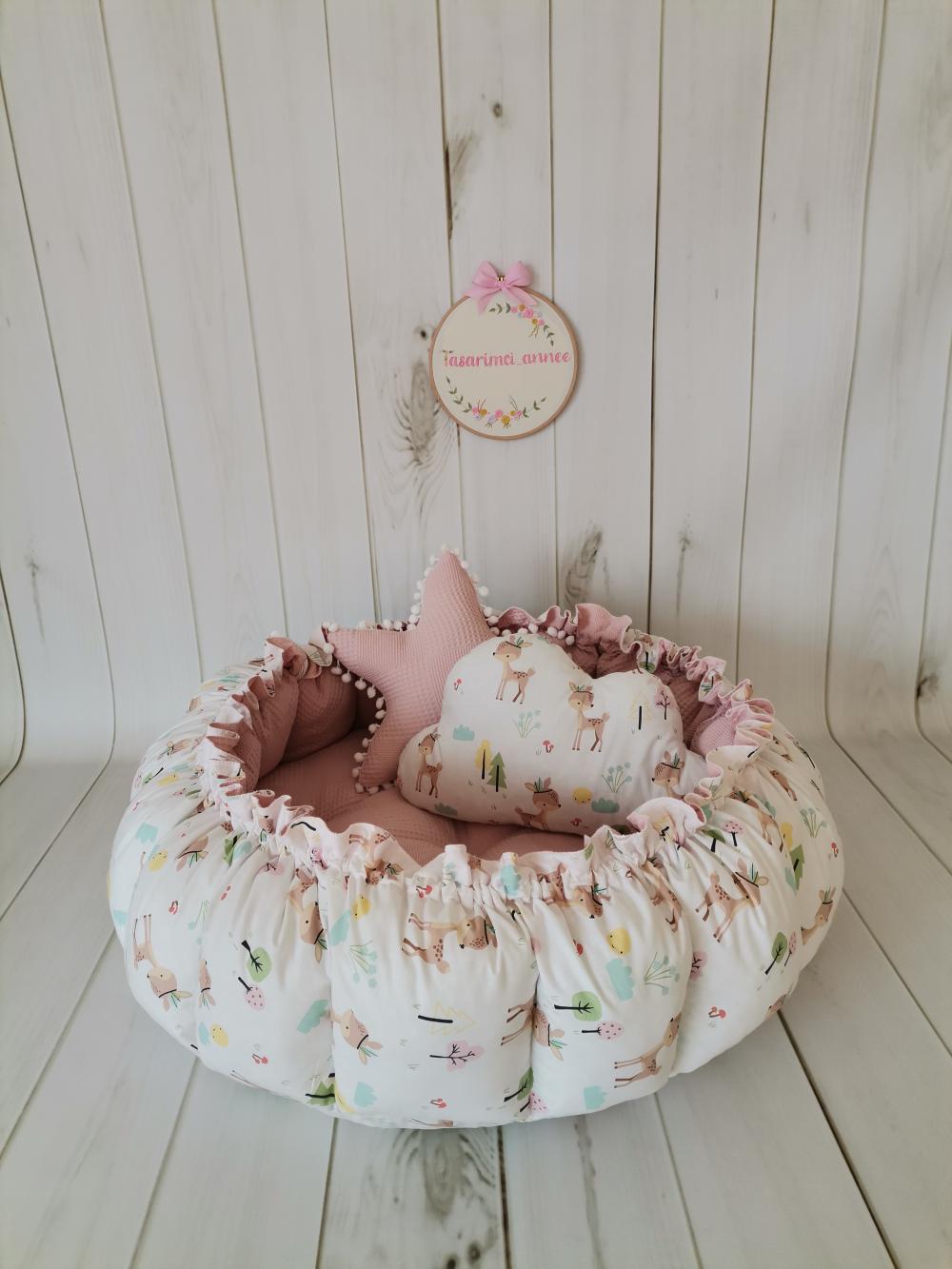 Yuvarlak babynest pudra pembe waffle pike - karacalı poplin