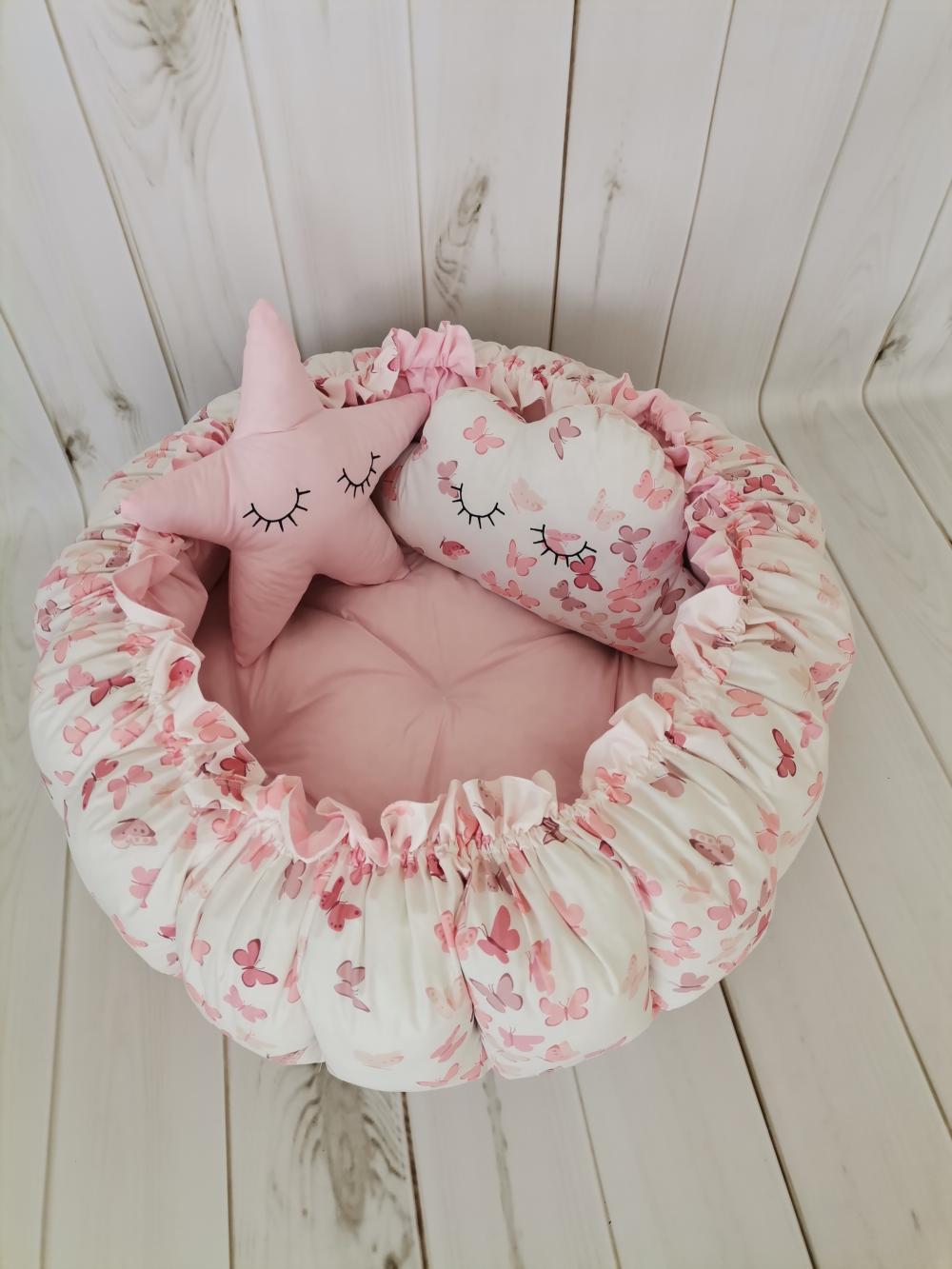 Yuvarlak babynest pudra pembe kelebekli - pembe poplin
