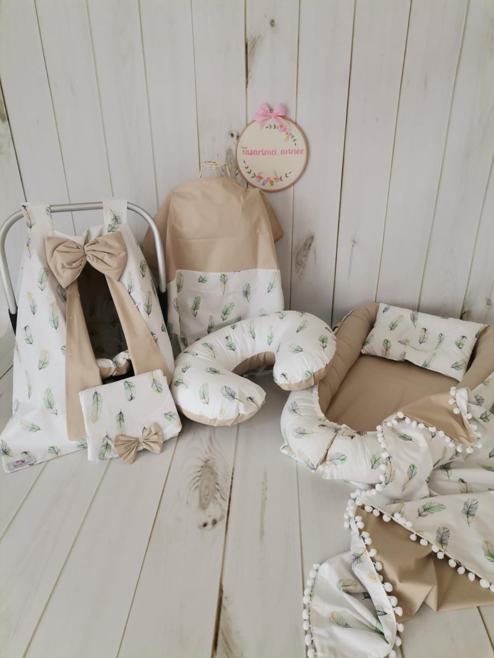 Babynest 8'li set yeşil tüylü poplin - bej poplin