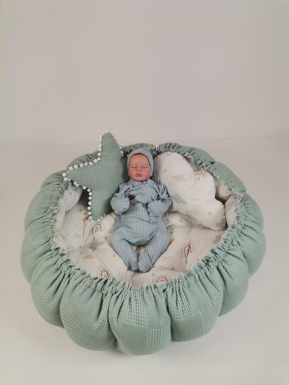 Yuvarlak babynest yeşil waffle pike - gökkuşaklı poplin