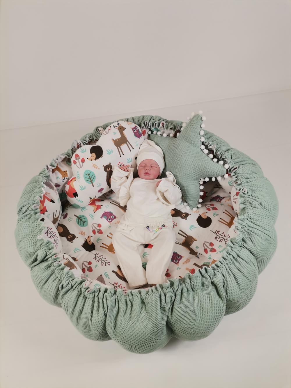 Yuvarlak babynest yeşil waffle pike - hayvan figürlü müslin