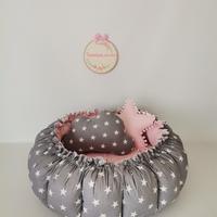 Yuvarlak babynest pembe waffle pike - koyu gri yıldızlı poplin