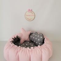 Yuvarlak babynest pembe waffle pike - koyu gri yıldızlı poplin